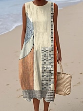 Χαμηλού Κόστους Ριγέ και Γεωμετρικά Φορέματα-Γυναικείο Midi Φόρεμα Λινό Φορέμα Ήλιου Σαφάρι Φόρεμα Α-Γραμμή Φόρεμα Διακοπών Καθημερινό Μποχό Παραλία Βγαίνοντας Χαλαρή Εφαρμογή Γραφικά Γεωμετρικά Αμάνικο Crew Neck Μπλε Κόκκινο Καφέ Πράσινο