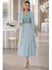 Duas Peças Linha A Longuette Vestido de convidada de casamento Vestido Para Mãe dos Noivos Meia Manga Scoop pescoço Elegante Formal Kentucky Derby Semi formal Chiffon Vestidos curtos com Bordado