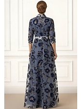 billige Gulvlengde-A-linje Gulvlengde Skjortekjole Gjestekjole til bryllup Formell kjole Kjole til brudens mor 3/4 ermer Skjortekrage Elegant Enkel Formell Organza Jacquard med Sløyfe(r)