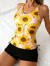 billiga Tankinis-Dam Badkläder Tankini 2 st Hög midja Baddräkt Magkontroll Hög midja Smal Öppen rygg Semester Standkläder Blommig U-hals Ärmlös Baddräkter