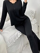 preiswerte Damen Schlafoberteile und -unterteile-Damen Schlafanzug Set Lässig Komfort Blumen Einfarbig Elastischer Bund Hose Täglich Heim Langarm V Ausschnitt Schwarz Weiß Purpur Grau Sommer Frühling Normale Passform