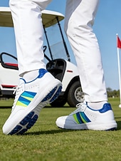 cheap Men's Golf Shoes-Men's White Golf Sneakers, Athletic Lace-Up Design with Color Stripe Detail, Shock-Absorbing Sole, Modern Sport Style for Golf Courses
