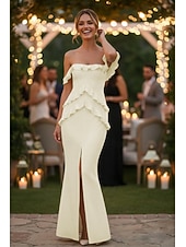 economico Piccole vestiti bianchi-Sirena Tromba Tubino Colonna Lunghezza al pavimento Abito Bianco Piccolo vestito bianco Da principessa Elegante Schiena Scoperta Senza Maniche Senza Spalle Matrimonio Formale Crepe Elasticizzato