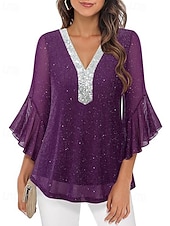 baratos Blusas Elegantes-Mulheres Blusa Tops de lantejoulas Patchwork Bloco de cor à moda Moderno Manga 3/4 Sino Decote V Tops regulares Diário Feriado Para Noite Azul Preto Vermelho Verde Verão Primavera