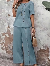 cheap Women's Blouse Suits-Women's Pants Sets Bolero Faux Cotton Linen Short Sleeve Crew Neck Solid Color Fashion Streetwear Casual Daily Outdoor Blue White Khaki Summer Regular Fit