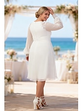 cheap Little White Dresses-A-Line Knee Length White Dress Wedding Dresses Bridal Shower Dresses Bridal Gown Elegant Little White Dresses Long Sleeve V Neck Wedding Graduation Chiffon with Lace Pleats Solid Color