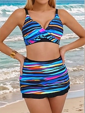 economico Set bikini 3 pezzi-Per donna Costumi da bagno Tankini Tre Pezzi Gonna Costume da bagno Controllo della Pancia Vita alta Snello Senza schiena Vacanza Abbigliamento da Spiaggia A righe Scollo a V Senza Maniche Costumi da