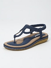 cheap Women-Women's Navy Blue Braided Thong Sandals - Comfortable Strappy Flat Sandals with Arch Support, Elegant Bohemian Summer Shoes for Resort Walking, Tropical Vacations &amp; Sightseeing