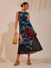 voordelige Bloemenjurken-Smaragdgroene rozentuin zwierige chiffon maxi-jurk