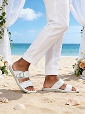 baratos sandálias-Sandálias brancas masculinas – fivelas ajustáveis estilosas, ajuste confortável, perfeitas para casamentos na praia, férias de verão e passeios casuais.