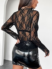 baratos Tops de Renda-Mulheres Top de emenda de renda Blusa Renda Patchwork Geométrica Elegante à moda Moderno Manga Longa Gola Alta Tops regulares Diário Feriado Para Noite Preto Branco Rosa Vermelho Verão Primavera