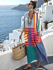  Naisten Maxi Mekko Pellavamaista Hengittävää Kevyet Aurinkomekko A-linjainen Mekko Lomamatka Vapaa-ajan Boho Ranta Ulkoiluksi Kukka Graafinen Geometrinen Pitkä Hiha V Kaula Blue Punainen Taivaan