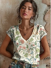 tanie koszulka w kwiaty-Damskie Podkoszulek Nadruk Kwiaty Graficzny Zabytkowe Elegancki Klasyczny Krótki rękaw W serek Zwykłe topy Codzienny jesion Czarny Jasnozielony Czerwony Zielony Lato Wiosna