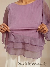  Damen Bluse Chiffon Tops Plissiert Geschichtet Metallisch Elegant Dreiviertelarm Glockenärmel Rundhalsausschnitt Täglich Hochzeitsgast Violett Sommer Frühling Herbst