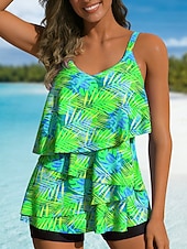 Χαμηλού Κόστους Τανκίνι-Γυναικεία Μαγιό τανκίνι 2 κομμάτι Ψηλή Μέση Μαγιό Έλεγχος κοιλιάς Ψηλή Μέση Λεπτό Εξώπλατο Διακοπές Ρούχα παραλίας Τροπικό Λαιμόκοψη U Αμάνικο Μαγιό