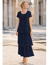 preiswerte Knöchellänge-A-Linie Knöchellänge Chiffonkleid Brautmutterkleid Kurzarm Rundhalsausschnitt Rundausschnitt Elegant Vintage Formell Hochzeitsgast Hochzeitsfeier Chiffon Jacquard mit Schleife(n) Blume