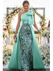 economico Lunghezza del pavimento-Linea ad A Tubino Colonna Lunghezza al pavimento Perline ricamate Abito da invitata a nozze Abito Formale Abito da cerimonia per signora Senza Maniche Monospalla Elegante Vintage Lussuoso Formale Raso