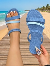 billiga Kvinnor-Blå denimsandaler med flera remmar för dam – avslappnad tropisk ö-stil, bekväma sandaler med öppen tå för strandpromenader och sommarresorter