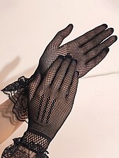 baratos Casamento ACC-Luvas femininas elegantes em poliéster com renda, luvas formais pretas e brancas para casamentos, jantares e óperas, acessórios sofisticados para vestidos de noiva em ocasiões especiais.