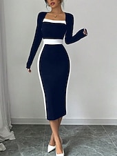 billige midi sort kjole-Dame Midikjole Bodycon kjole Semiformelle kjoler Kontor Normal Fargeblokk Langermet Firkantet hals Svart Navyblå Vår Høst