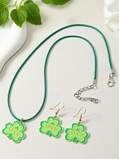 olcso kiegészítők-Női ötvözet anyagból készült Szent Patrik-napi nyaklánc és fülbevaló szett lóhere, kalap és lóhere mintákkal, tökéletes Szent Patrik-napra, mindennapi viseletre és ünnepi alkalmakra.