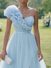 cheap Long Dresses &amp; Gowns-Ball Gown A-Line Floor Length Prom Dresses Elegant Sleeveless One Shoulder Prom Quinceanera Tulle Cowl Back with Embroidered Flower Ruffles Slit