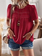 cheap Plain Blouses-Women's Summer Shirt Casual Shirt Blouse Lace Trim Solid Color Vacation Stylish Casual Short Sleeve Crew Neck Regular Tops Daily Beach Holiday Blue Black White Pink Red Summer Spring