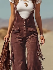 Недорогие Женские комбинезоны и ромперы-Жен. Брюки карго Широкие Биб Колготки Комбинезон Мода Уличный стиль На каждый день Полная длина Завышенная Полотняное плетение С кисточками Карман удобный Неэластичная