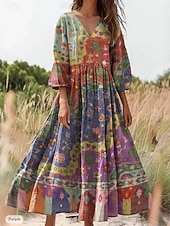 ieftine Rochie etnică boho-Pentru femei Rochii Midi Rochie florala Rochie imprimata Modă Modern În aer liber Vacanță Ieșire Potrivire Largă Floral Lungime Manșon 3/4 În V Albastru piscină Galben Portocaliu Vară Primăvară