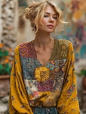  Blusa Boho Feminina Linho Semelhante Respirável Leve Floral Elegante Boêmia Tropical Manga Longa Decote em V Tops Regulares Diários Feriado Impressão Patchwork Botões Amarelo Azul Claro Primavera