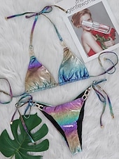 billige Bikinisett-Dame Badetøy Bikini 2 stk G-streng Badedrakt Tynn Åpen rygg Ferie Strand Klær Nyanse Grimehals Ermeløs Badedrakter