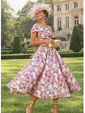 billige Cocktailkjoler-A-linje Gulvlengde Te-lengde Formell kjole Floral kjole Cocktailkjoler Elegant Årgang Blomster Kortermet Løse skuldre Hage fest Bryllup Lomme Jacquard Cowlhals med Blomstertrykk Lomme