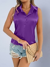 billige Enkle bluser-Dame Skjorte Sateng skjorte Bluse Ermeløs skjorte Knapper عادي Stilfull Klassisk Moderne Ermeløs Skjortekrage Vanlige topper Daglig Ferie Ut på byen Svart Hvit Lilla Grønn Sommer Vår