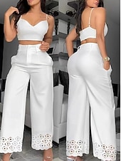 abordables jambe large et taille haute-Femmes Pantalons Pantalons Amples Pantalon décontracté Vacances Mode Streetwear Longueur complète Taille haute Uni Avec Poches Œillet in in france they say Pontalon wide leg Confort Doux Respirant