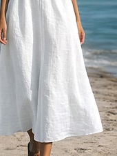 abordables Robes Fausse Essentielle-Robe maxi en lin-like pour femmes en faux coton robe en A robe d'été décontractée quotidienne coupe régulière sans manches col en V blanc été