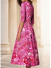 cheap Cocktail Dresses-A-Line Ankle Length Cocktail Dresses Party Dresses Elegant Vintage Floral Half Sleeve V Neck Wedding Formal Pink Dress Satin with Embroidery Pocket