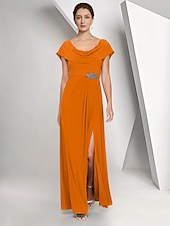 cheap Floor Length-A-Line Floor Length Wedding Guest Dress Chiffon Dress Formal Dresses Mother of the Bride Dress Cap Sleeve Crew Neck Elegant Simple Wedding Guest Semi Formal Chiffon with Crystals