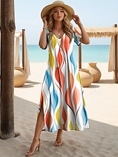 cheap Art&amp;Design Dress-Women's Midi Dress Sundress A Line Dress Vacation Casual Boho Butterfly Sleeve Beach Going out Loose Fit Graphic Rainbow Tribal Short Sleeve V Neck Blue Black White Pink Summer