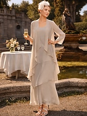 cheap Mom's Dress Sets-Sheath Column Ankle Length Wedding Guest Dress Mother of the Bride Dress Sleeveless V Neck Elegant Simple Wedding Guest Semi Formal Chiffon with Tier Solid Color