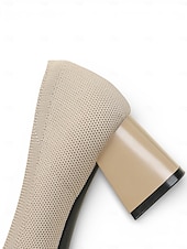 abordables Zapatos de salón de tacón ancho-Zapatos de tacón de bloque con puntera de punto en beige y negro para mujer: cómodos zapatos sin cordones transpirables para desplazamientos diarios de negocios y trabajo de oficina. &amp;damas