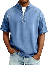  Herren Hemd aus 100 % Baumwolle in Säurewaschung T-Shirt Kurzarm Stehkragen Herbst Winter Frühling Herbst Einfach Vintage Streetwear Lässig Reißverschluss Stückgefärbt Basic Lässig Heim Straße