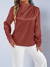 voordelige Chique Blouses-Dames Overhemd Satijnen overhemd Normaal shirt Met ruches Effen Stijlvol Basic Klassiek Lange mouw Hoge nek Normale tops Dagelijks Feestdagen Uitgaan Zwart Wit Wijn Rood Lente Herfst