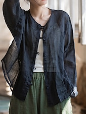 baratos Coleção de Linho Premium-Camisa feminina 100% linho, blusa com botões, lisa, estilo vintage, manga longa, gola redonda, tops regulares para uso diário, férias, sair, nas cores preto, rosa, vermelho e verde, para verão e primavera.