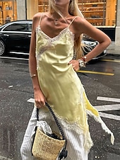 abordables Plain Dress-Women's Mini Dress Black Dress Lace Dress Slip Dress Elegant Fashion Classic Daily Outdoor Beach Loose Fit Plain Sleeveless V Neck Light Yellow Black Brown Beige Summer Spring