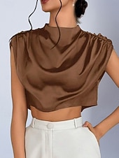 preiswerte Schicke Blusen-Damen Hemd Satinhemd Bluse Wickel-Crop-Top Gerafft Einfach Vintage Stilvoll Klassisch Kurzarm Hoher Ausschnitt Crop Tops Täglich Ferien Ausgehen Schwarz Weiß Marineblau Braun Grün Frühling Herbst