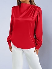 voordelige Chique Blouses-Dames Overhemd Satijnen overhemd Normaal shirt Met ruches Effen Stijlvol Basic Klassiek Lange mouw Hoge nek Normale tops Dagelijks Feestdagen Uitgaan Zwart Wit Wijn Rood Lente Herfst