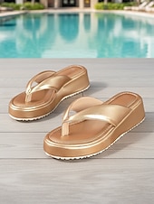 baratos Sandálias plataforma anabela-Chinelo feminino amarelo chique com plataforma - sandálias minimalistas de bico aberto com tiras acolchoadas - calçado sofisticado para férias tropicais e para usar à beira da piscina.