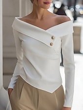 baratos Camiseta lisa-Mulheres Blusa Botões Côr Sólida à moda Casual Manga Longa Ombro a Ombro Tops regulares Diário Preto Branco Primavera Outono
