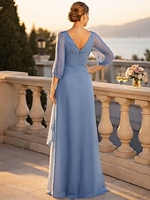  A-Line Floor Length Wedding Guest Dress Formal Dresses Evening Gown Mother of the Bride Dress 3/4 Length Sleeve V Neck Elegant Wedding Guest Engagement Party Chiffon with Beading Ruching