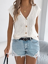 baratos Blusas Simples-Mulheres Tops de verão Blusa Patchwork Botões Tecido à moda Clássico Moderno Manga Curta Decote V Tops regulares Diário Feriado Para Noite Preto Branco Marron Cáqui Verão Primavera